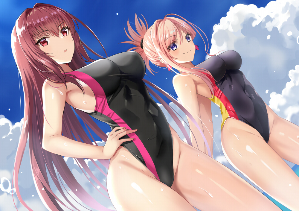 2girls :o alternate_costume arms_behind_back black_swimsuit blue_eyes blue_sky breasts clouds commentary_request competition_swimsuit covered_navel cowboy_shot day dutch_angle fate/grand_order fate_(series) feet_out_of_frame female folded_ponytail hair_intakes hand_on_hip harimoji highleg highleg_swimsuit horizon large_breasts long_hair looking_at_viewer miyamoto_musashi_(fate/grand_order) multiple_girls ocean one-piece_swimsuit open_mouth outdoors pink_hair ponytail purple_hair red_eyes scathach_(fate/grand_order) sidelocks sky smile standing swimsuit type-moon