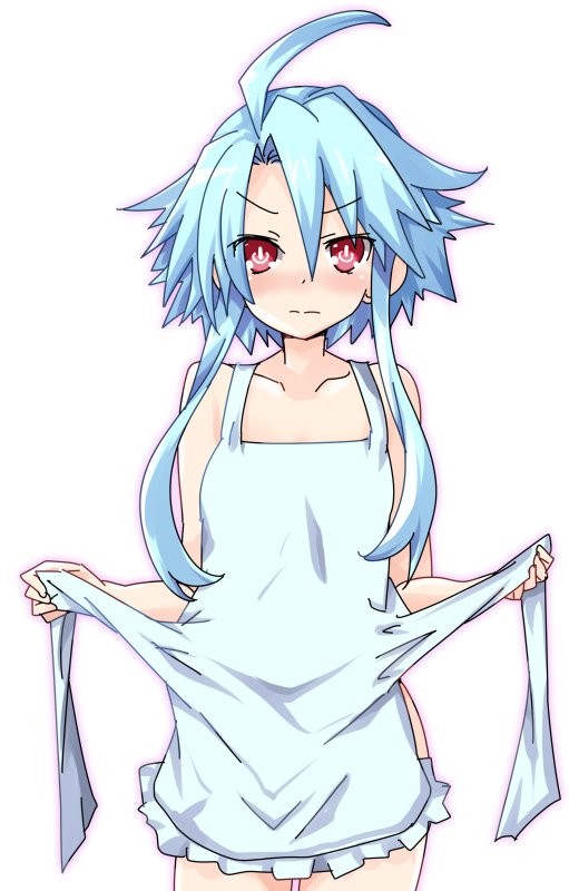 1girl apron bare_shoulders blue_hair blush breasts closed_mouth collarbone commentary commentary_request cowboy_shot hair_between_eyes iwasi-r looking_at_viewer naked_apron neptune_(series) power_symbol red_eyes short_hair_with_long_locks simple_background small_breasts solo symbol-shaped_pupils white_apron white_background white_heart