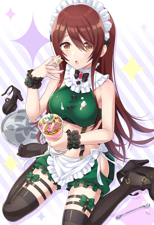 1girl apron bare_shoulders black_bow black_footwear black_legwear blush bow breasts brooch brown_eyes brown_hair chestnut_mouth cream crop_top diagonal-striped_background diagonal_stripes food frilled_apron frilled_shorts frills green_shorts hand_up high_heels holding holding_food idolmaster idolmaster_shiny_colors jewelry long_hair maid maid_headdress medium_breasts midriff navel oosaki_tenka parfait parted_lips puffy_shorts red_bow shoes shoes_removed short_shorts shorts side_cutout single_shoe solo sparkle spoon striped striped_background thigh-highs urabi_(tomatohouse) very_long_hair waist_apron white_apron white_bow wrist_cuffs