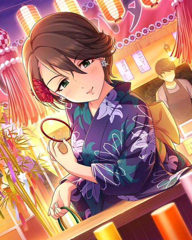 1boy 1girl apron brown_hair earrings faceless faceless_male green_eyes hair_ornament idolmaster idolmaster_cinderella_girls japanese_clothes jewelry kimono lantern official_art shinohara_rei short_hair