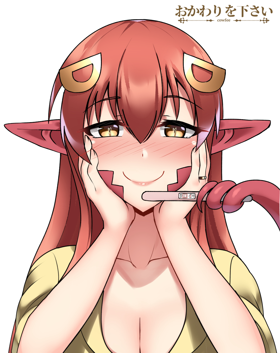 1girl artist_name blush breasts c: cleavage collarbone cowfee eyebrows_visible_through_hair eyes_visible_through_hair hair_between_eyes hair_ornament hairclip hands_on_own_cheeks hands_on_own_face happy heart heart-shaped_pupils jewelry lamia long_hair looking_at_viewer meme miia_(monster_musume) monster_girl monster_musume_no_iru_nichijou nose_blush pointy_ears pregnancy_test redhead ring simple_background solo symbol-shaped_pupils tears upper_body wedding_ring white_background yellow_eyes