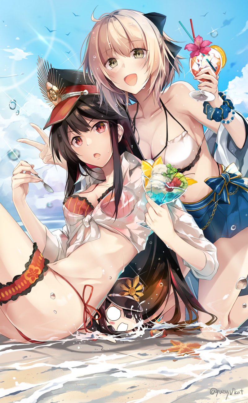 2girls ahoge armband artist_name beach bikini bikini_top black_bow black_hair blonde_hair blush bow bracelet breasts chibi cocktail cocktail_glass commentary_request cup drinking_glass fate/grand_order fate_(series) hair_bow hat highres hirai_yuzuki jewelry koha-ace light_blush long_hair looking_at_viewer medium_breasts multiple_girls navel oda_nobunaga_(fate) oda_nobunaga_(swimsuit_berserker)_(fate) okita_souji_(fate) okita_souji_(fate)_(all) open_mouth peaked_cap pleated_skirt red_bikini_top red_eyes short_hair skirt sky starfish string_bikini swimsuit very_long_hair water yellow_eyes