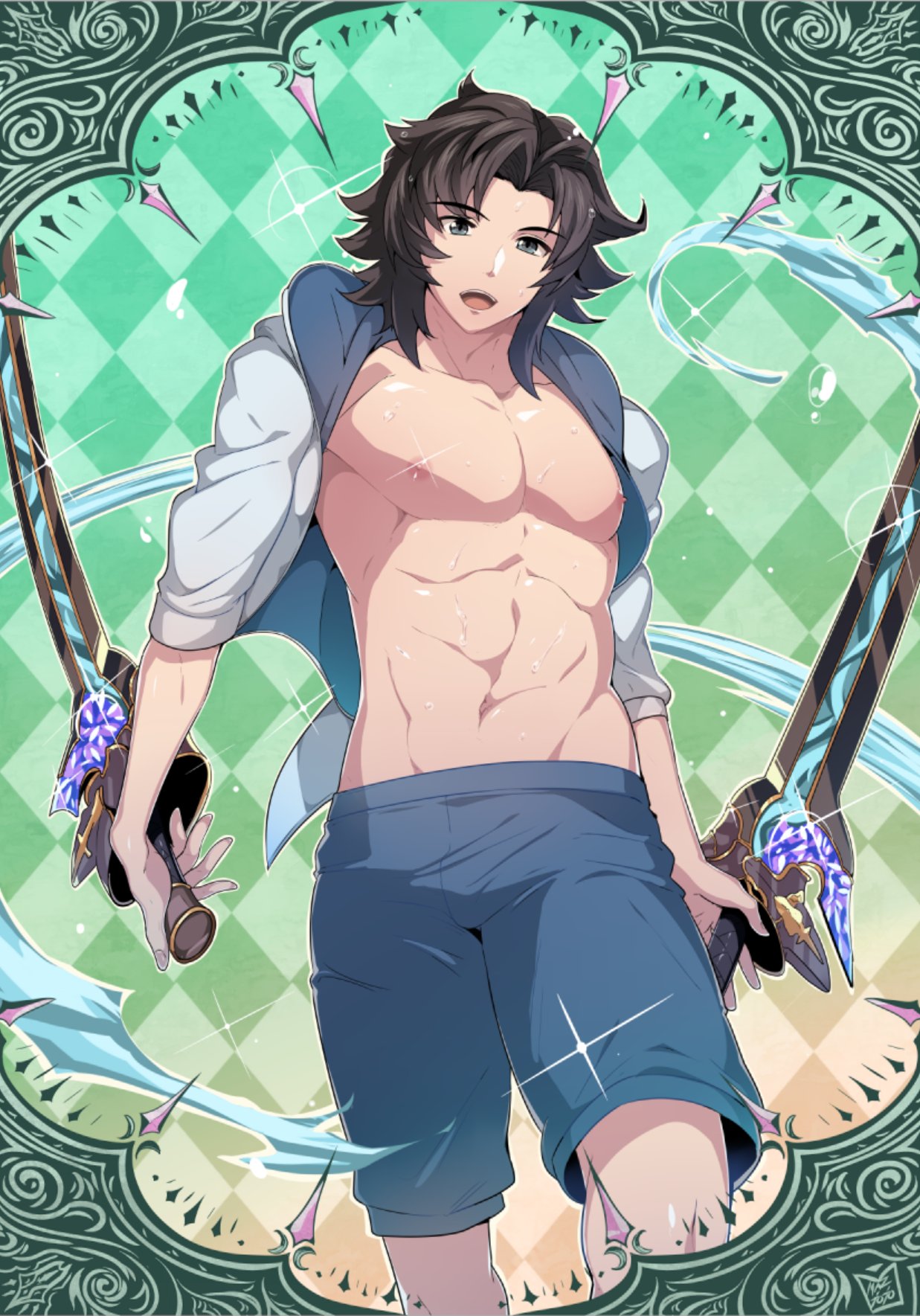 1boy abs argyle argyle_background black_hair dual_wielding granblue_fantasy green_background grey_eyes highres holding jacket lancelot_(granblue_fantasy) looking_at_viewer male_focus male_swimwear mazjojo nipples open_clothes open_jacket open_mouth smile solo swim_trunks swimwear sword water weapon