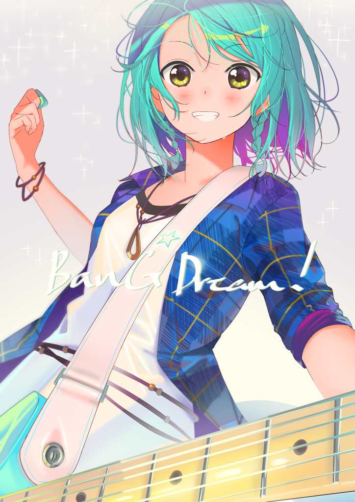 1girl aqua_hair bang_dream! blue_shirt blush bracelet commentary_request copyright_name electric_guitar green_eyes grey_background grin guitar hikawa_hina instrument jewelry looking_at_viewer pendant plaid plaid_shirt plectrum poligon_(046) shirt short_hair short_sleeves side_braids smile solo sparkle sweat upper_body white_shirt