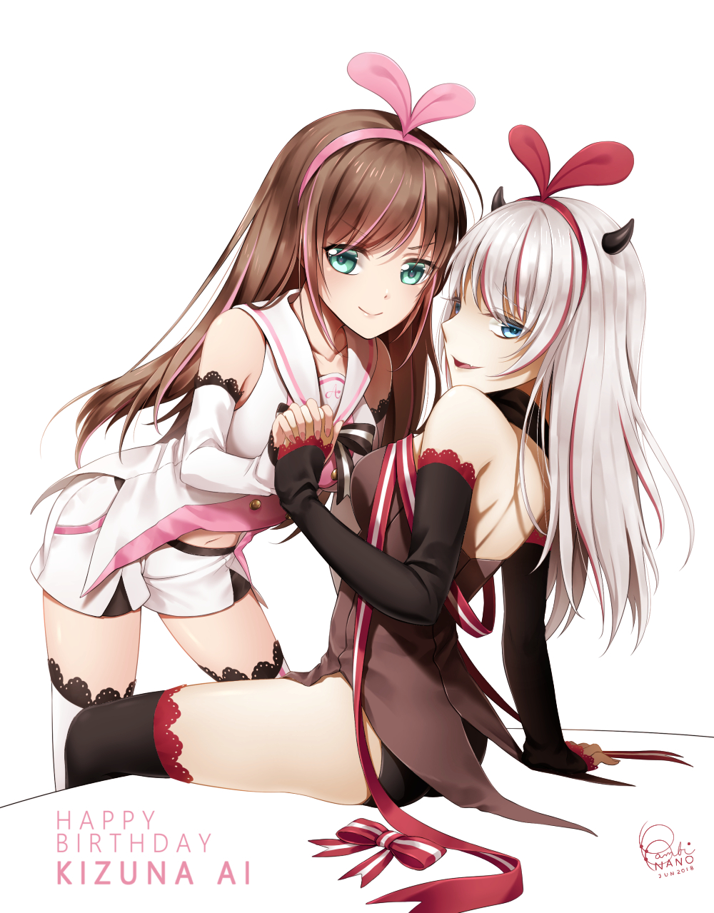 2girls a.i._channel arm_support ass bambi_nano bare_shoulders black_legwear black_shorts blue_eyes breasts brown_hair dark_persona detached_sleeves dual_persona green_eyes hairband hand_holding highres kizuna_ai long_hair looking_at_viewer medium_breasts multicolored_hair multiple_girls navel pink_hairband red_hairband reflection ribbon sailor_collar shiny shiny_skin shirt shorts silver_hair simple_background sitting smile standing thigh-highs thighs two-tone_hair virtual_youtuber white_background white_legwear white_shorts zettai_ryouiki