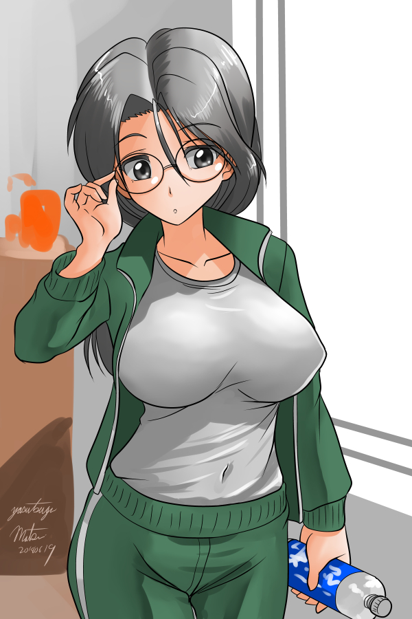 1girl :o adjusting_eyewear artist_name bangs bespectacled bottle breasts commentary covered_navel cowboy_shot dated eyebrows_visible_through_hair freckles girls_und_panzer glasses green_jacket green_pants grey_eyes grey_hair gym_uniform holding indoors jacket large_breasts long_hair long_sleeves looking_down matsui_yasutsugu open_clothes open_jacket pants parted_lips piyotan ponytail round_eyewear shirt signature solo standing track_jacket track_pants water_bottle white_shirt