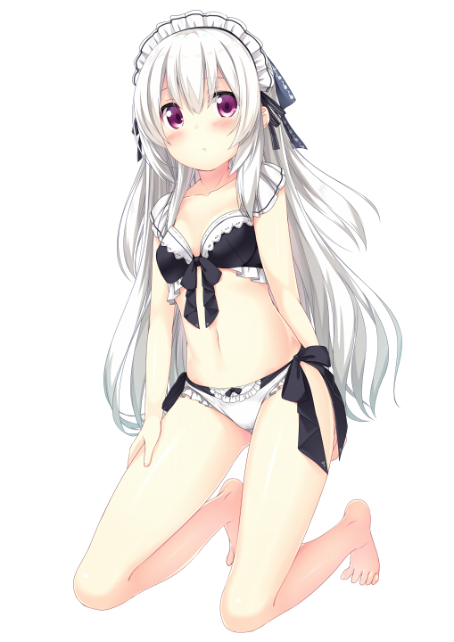 1girl :o bangs bare_arms bare_legs barefoot bikini black_bikini_top blush breasts commentary_request eyebrows_visible_through_hair full_body hair_between_eyes kneeling long_hair maid_headdress original parted_lips red_eyes silver_hair simple_background small_breasts solo swimsuit usume_shirou very_long_hair white_background white_bikini_bottom