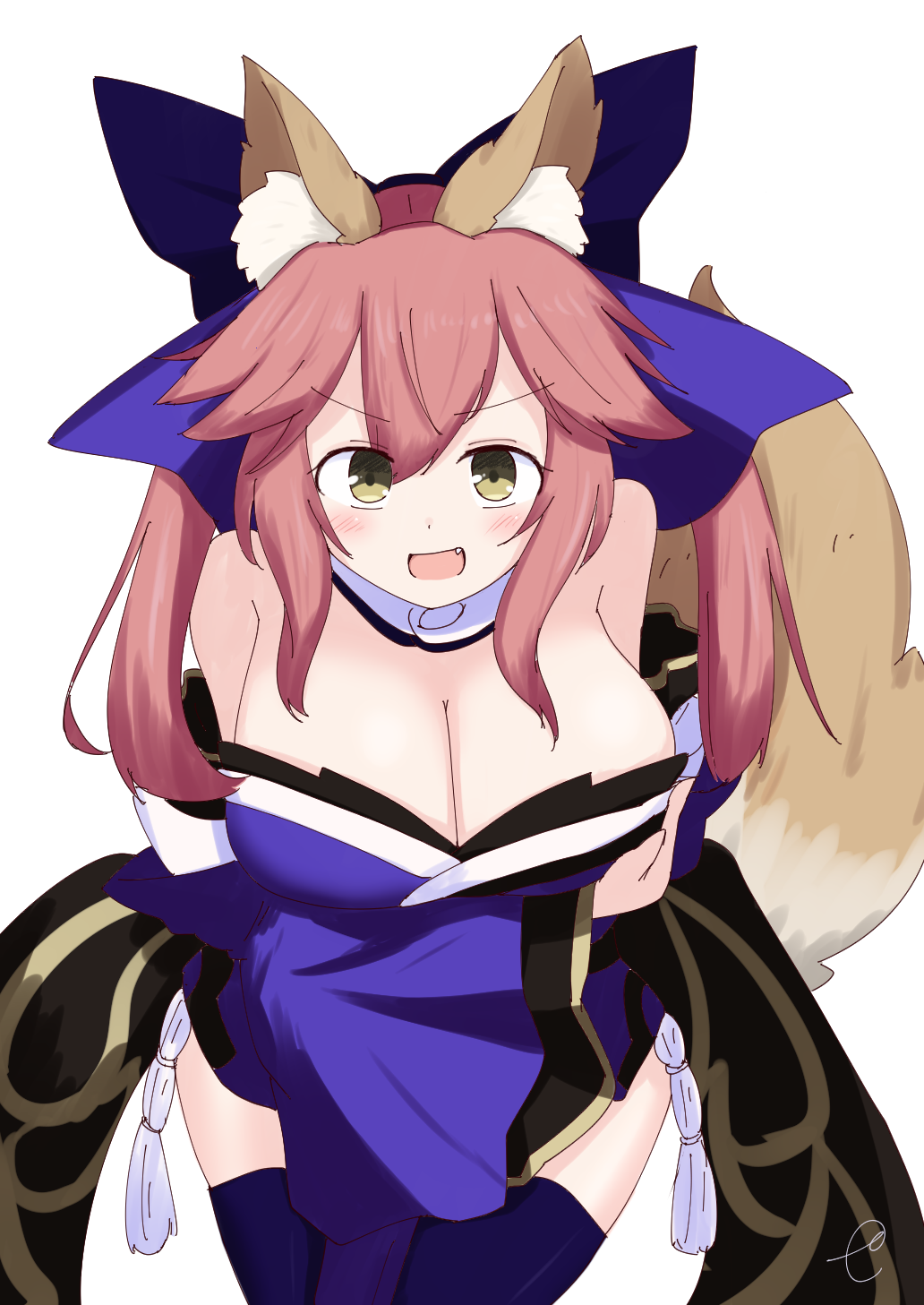 1girl :d animal_ears bad_id bare_shoulders blue_bow blue_kimono blue_legwear blush bow breasts cleavage commentary_request detached_sleeves eyebrows_visible_through_hair fang fate/extra fate_(series) fox_ears fox_girl fox_tail green_eyes hair_between_eyes hair_bow highres japanese_clothes kimono kujou_karasuma large_breasts long_hair long_sleeves open_mouth pink_hair simple_background smile solo strapless tail tamamo_(fate)_(all) tamamo_no_mae_(fate) thigh-highs twintails v-shaped_eyebrows white_background wide_sleeves