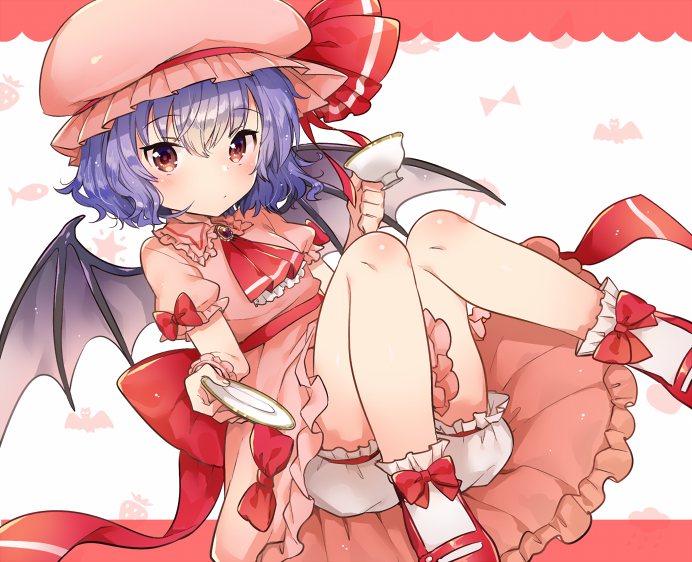 1girl ascot bangs bat_wings bloomers blush bobby_socks bow brown_eyes closed_mouth collared_dress commentary_request cup dress eyebrows_visible_through_hair grey_wings hair_between_eyes hat hat_bow holding holding_cup holding_saucer ichihaya knees_together_feet_apart looking_at_viewer mary_janes mob_cap pink_dress pink_hat puffy_short_sleeves puffy_sleeves purple_hair red_bow red_footwear red_neckwear remilia_scarlet saucer shoes short_sleeves socks solo teacup touhou underwear white_bloomers white_legwear wings wrist_cuffs