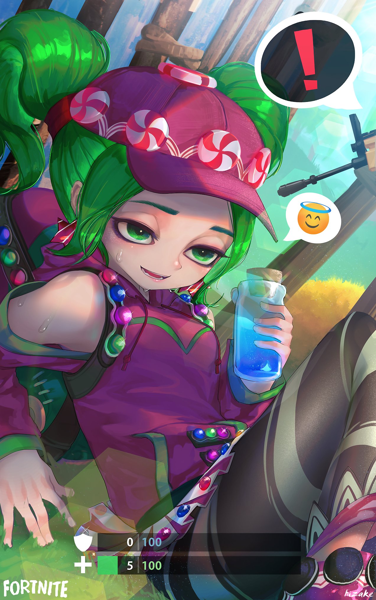 ! 1girl at_gunpoint bare_shoulders baseball_cap black_legwear bottle breasts candy commentary cork english_commentary food fortnite gem glint grass green_eyes green_hair gun hair_tie half-closed_eyes hat highres holding holding_bottle hood hoodie kashu_(hizake) long_sleeves looking_at_another number off-shoulder_shirt on_ground open_mouth out_of_frame pantyhose purple_hat purple_hoodie shiny shiny_hair shirt short_hair short_twintails sidelocks small_breasts smile smiley_face solo_focus spoken_face striped striped_legwear sweat twintails weapon