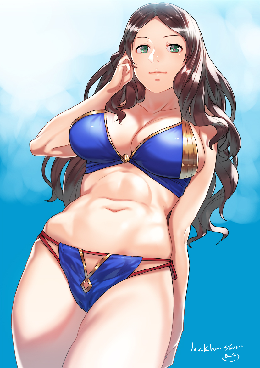 1girl arm_behind_back artist_name bikini blue_background blue_bikini breasts brown_hair cleavage closed_mouth cowboy_shot green_eyes hand_in_hair jack_hamster large_breasts light_smile long_hair looking_at_viewer navel original signature skindentation solo standing swimsuit