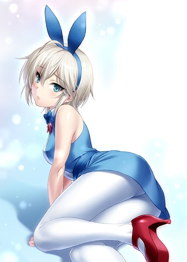 1girl anastasia_(idolmaster) animal_ears arm_support ass bare_shoulders blue_eyes blush bow bowtie commentary_request eyebrows_visible_through_hair fake_animal_ears hairband high_heels idolmaster idolmaster_cinderella_girls looking_at_viewer pantyhose parted_lips rabbit_ears red_footwear short_hair silver_hair sitting solo white_legwear zen