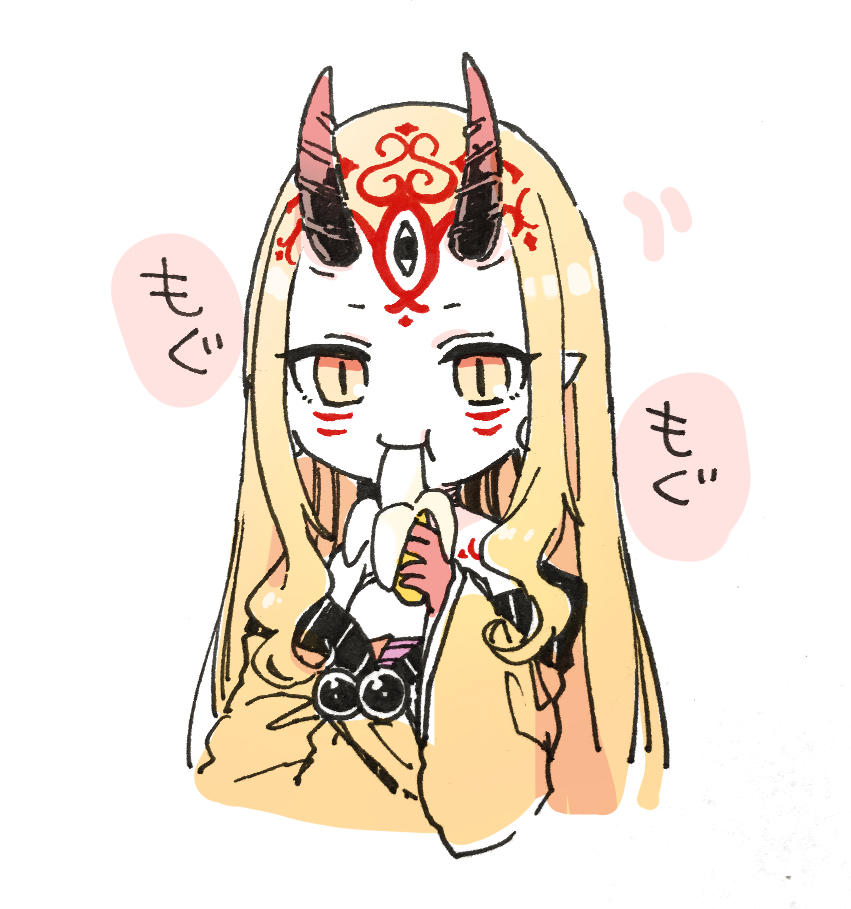 1girl :t banana bare_shoulders blonde_hair closed_mouth eating facial_mark fate/grand_order fate_(series) food forehead_mark fruit holding holding_food horns ibaraki_douji_(fate/grand_order) japanese_clothes kimono long_hair long_sleeves looking_at_viewer oni oni_horns orange_eyes sofra solo very_long_hair white_background wide_sleeves yellow_kimono