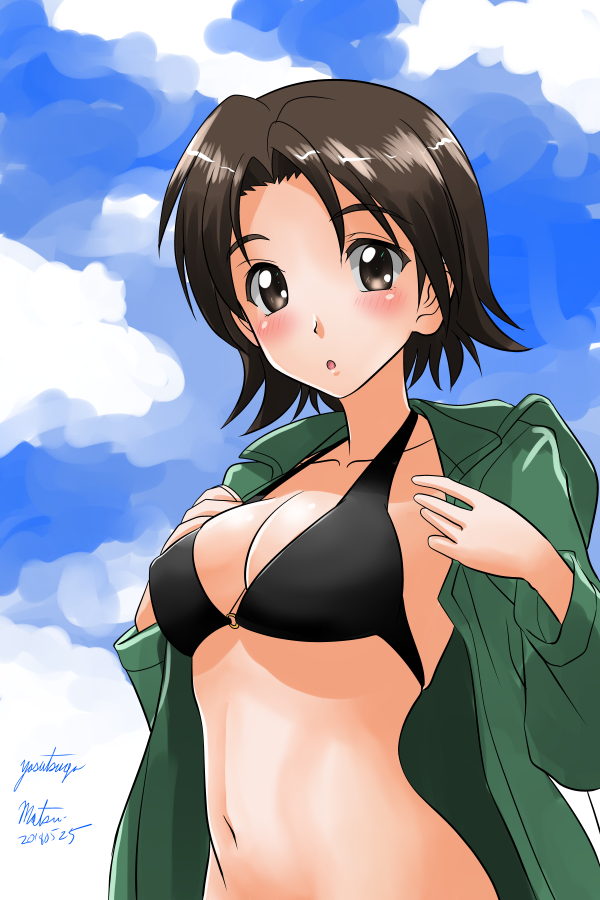 1girl :o artist_name bangs bikini black_bikini blush breasts brown_eyes brown_hair cleavage clouds cloudy_sky commentary day girls_und_panzer green_jacket jacket looking_at_viewer matsui_yasutsugu medium_breasts navel o-ring o-ring_bikini open_clothes open_jacket outdoors parted_bangs parted_lips sawa_azusa short_hair signature sky solo standing swimsuit undressing upper_body