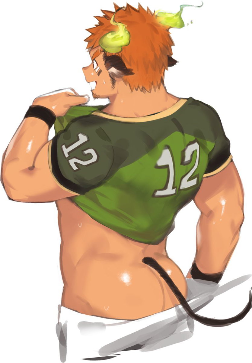 1boy animal_ears ass brown_hair football_uniform from_behind gondom highres male_focus shirt_lift simple_background solo sportswear tail tokyo_houkago_summoners wakan_tanka white_background