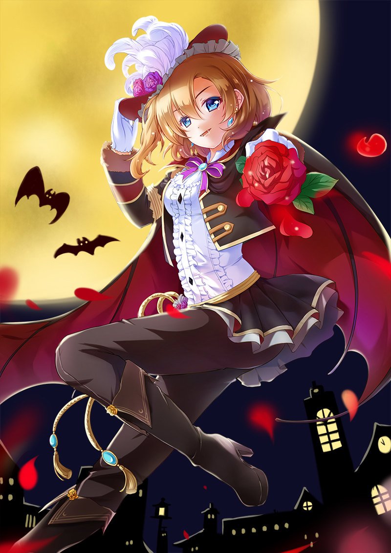 1girl blonde_hair blue_eyes boots breasts cape earrings eyebrows_visible_through_hair fangs flower full_moon gloves hat high_heel_boots high_heels jewelry knee_boots kousaka_honoka love_live! love_live!_school_idol_festival love_live!_school_idol_project medium_breasts moon pants pants_under_skirt petals rose short_hair skirt solo swimsuit white_gloves yumeiro_hanabi