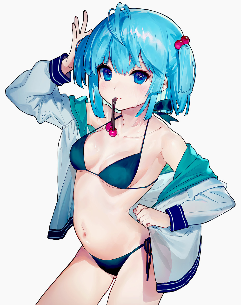 1girl ainy77 antenna_hair aqua_bikini bikini blue_eyes blue_hair blush closed_mouth collarbone cowboy_shot hair_bobbles hair_ornament highres holding holding_hair kawashiro_nitori looking_at_viewer mouth_hold school_uniform serafuku sidelocks solo swimsuit touhou twintails undressing white_background