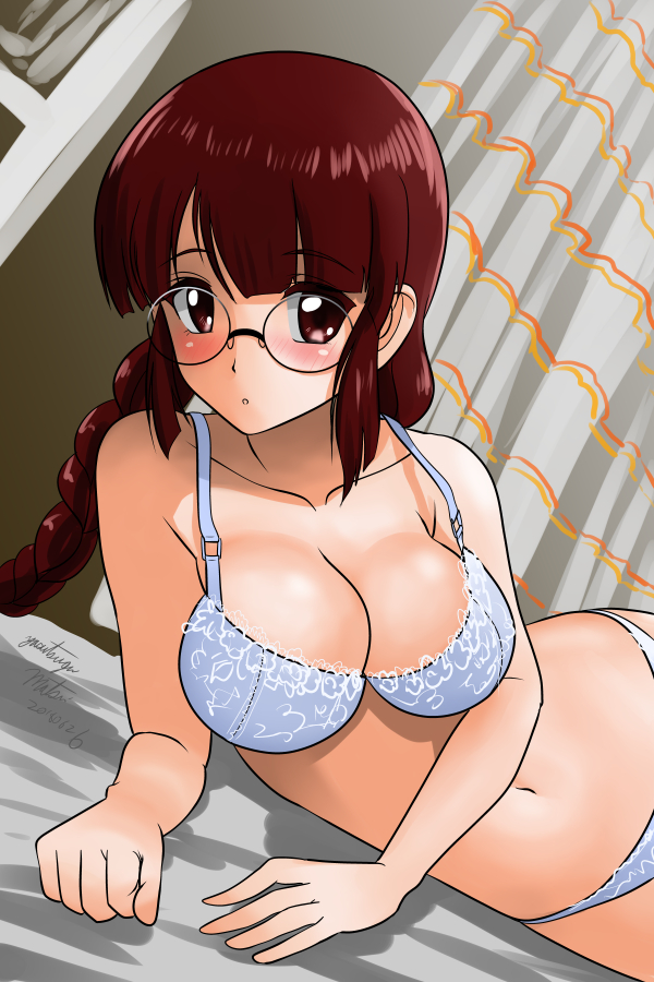 1girl :o arm_support artist_name bangs blue_bra blue_panties blunt_bangs blush bra braid breasts brown_eyes brown_hair cleavage clenched_hand collarbone curtains dated dutch_angle eyebrows_visible_through_hair glasses lace lace-trimmed_bra long_hair looking_at_viewer lying matsui_yasutsugu medium_breasts navel on_bed on_side original panties parted_lips round_eyewear signature solo twin_braids twintails underwear