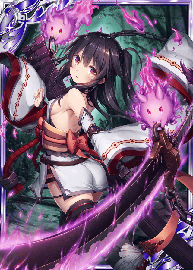 1girl akkijin black_hair card_(medium) chains energy_sword forest ghost hitodama huge_weapon japanese_clothes nature ninja official_art orange_eyes shinkai_no_valkyrie sword thigh-highs weapon