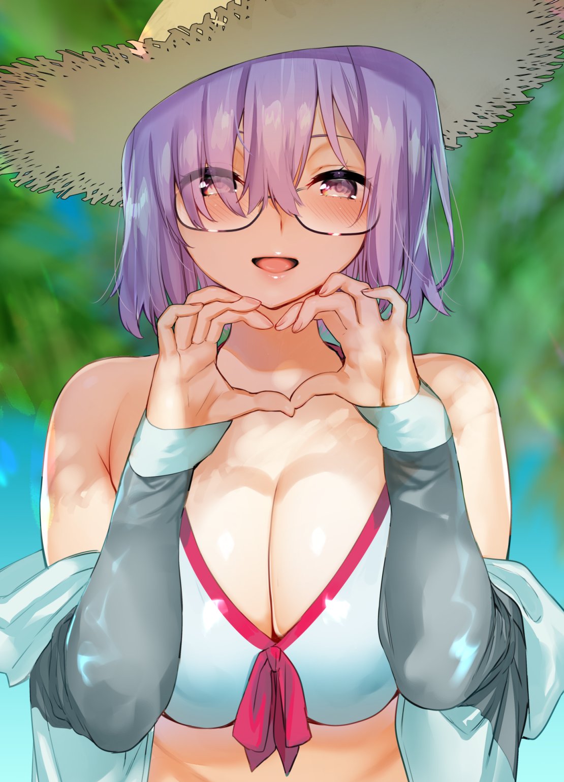 1girl bare_shoulders bikini_top black-framed_eyewear blurry blush breasts brown_eyes depth_of_field eyes_visible_through_hair fate/grand_order fate_(series) front-tie_bikini front-tie_top glasses hair_between_eyes hair_over_one_eye hat heart heart_hands highres large_breasts looking_at_viewer mash_kyrielight midriff off_shoulder open_mouth purple_hair short_hair smile solo straw_hat upper_body yuzuha