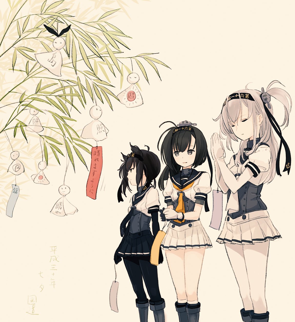 3girls akizuki_(kantai_collection) anchor_symbol black_bodysuit black_headband black_neckwear black_ribbon black_sailor_collar black_skirt bodysuit brown_hair closed_eyes closed_mouth clothes_writing gloves hachimaki hair_ears hair_ornament hair_ribbon hat hatsuzuki_(kantai_collection) headband highres holding kantai_collection kneehighs kokudou_juunigou long_hair mini_hat multiple_girls one_side_up orange_neckwear parted_lips pleated_skirt praying puffy_short_sleeves puffy_sleeves ribbon sailor_collar school_uniform serafuku shirt short_sleeves silver_hair skirt suzutsuki_(kantai_collection) tanabata tanzaku translated white_bodysuit white_gloves white_legwear white_shirt white_skirt