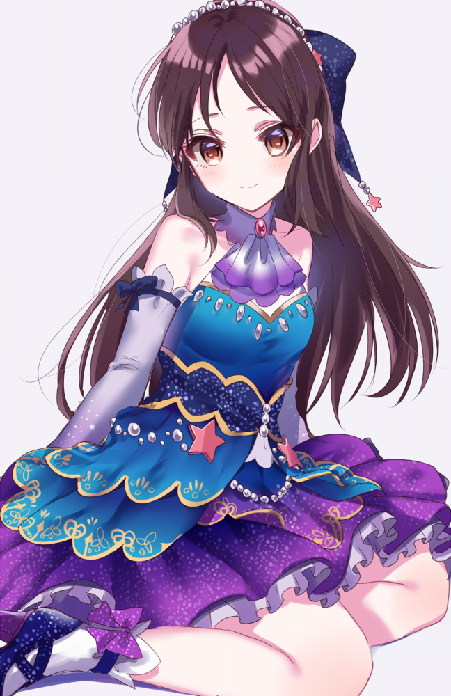 1girl bare_shoulders black_ribbon blue_bow blue_dress blue_footwear blush bow brown_eyes brown_hair dress elbow_gloves gloves grey_background hair_bow idolmaster idolmaster_cinderella_girls idolmaster_cinderella_girls_starlight_stage kneeling long_hair looking_at_viewer misumi_(macaroni) purple_bow ribbon simple_background sitting sleeveless sleeveless_dress smile solo star tachibana_arisu yokozuwari