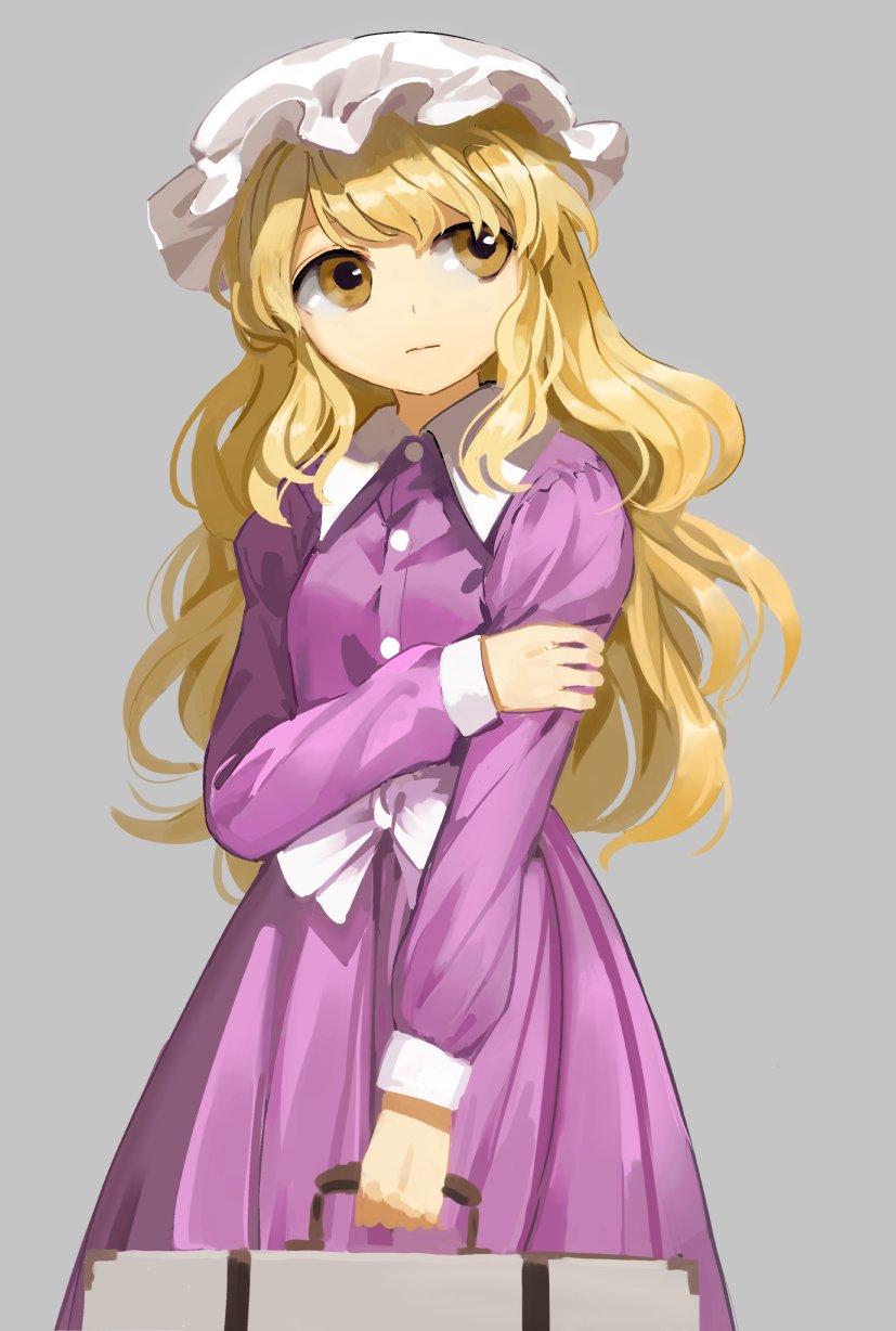 1girl bangs blonde_hair bow briefcase buttons closed_mouth collared_dress dress grey_background hand_on_own_arm hat highres holding long_hair long_sleeves maribel_hearn mob_cap purple_dress solo suna_(s73d) touhou wavy_hair white_bow white_hat yellow_eyes