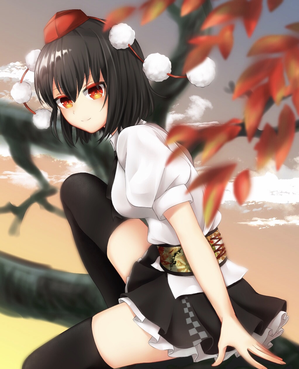 1girl arm_support autumn_leaves bangs black_hair black_legwear black_neckwear black_skirt blurry breasts closed_mouth clouds cloudy_sky collared_shirt commentary_request depth_of_field evening eyebrows_visible_through_hair feet_out_of_frame fingernails frilled_skirt frills from_side gradient_sky hair_between_eyes hat highres in_tree knee_up large_breasts leaning_forward light_smile looking_at_viewer orange_sky outdoors petticoat pom_pom_(clothes) puffy_short_sleeves puffy_sleeves red_eyes red_hat sash shameimaru_aya shiny shiny_hair shirt short_hair short_sleeves sitting sitting_in_tree skirt sky solo tayutai_(user_xruy3332) thigh-highs tokin_hat touhou tree white_shirt zettai_ryouiki