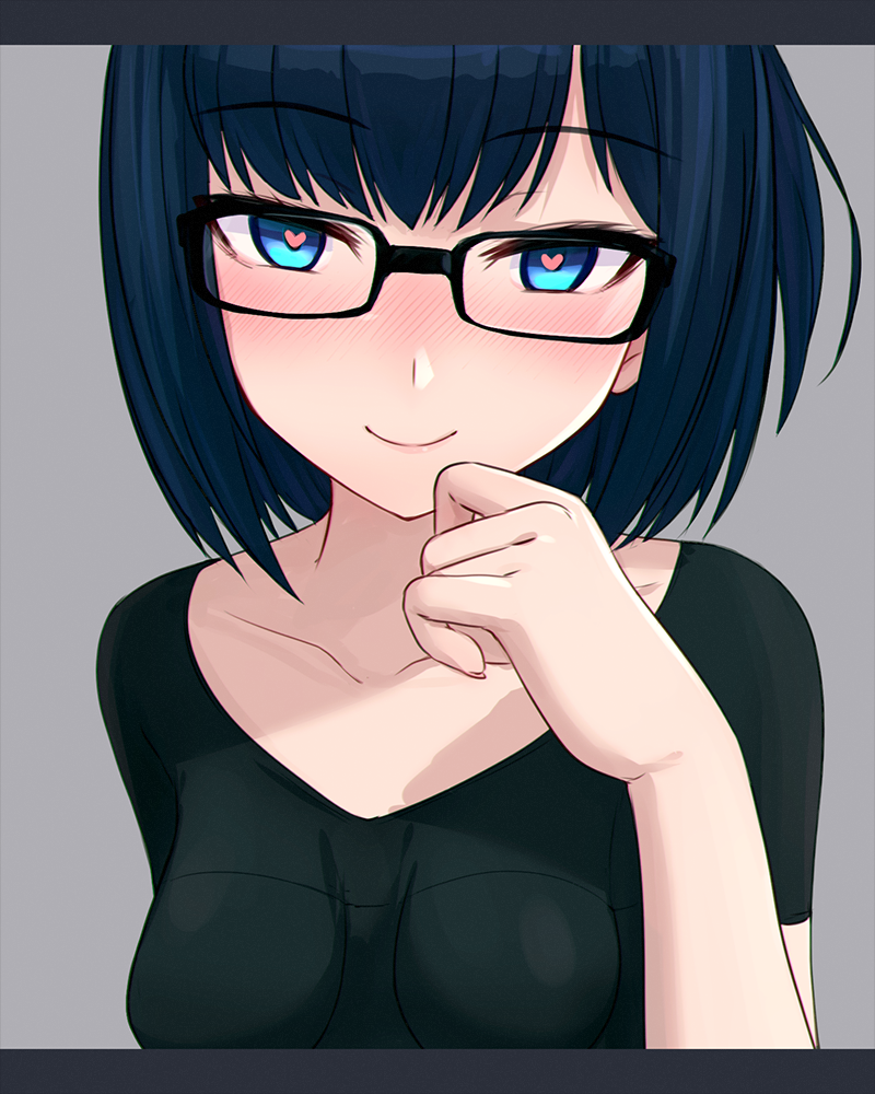 1girl blue_eyes blue_hair blush breasts closed_mouth collarbone eyebrows_visible_through_hair glasses heart heart-shaped_pupils iwahana looking_at_viewer medium_breasts short_hair smile solo symbol-shaped_pupils tokino_sora_channel upper_body yuujin_a_(tokino_sora_channel)