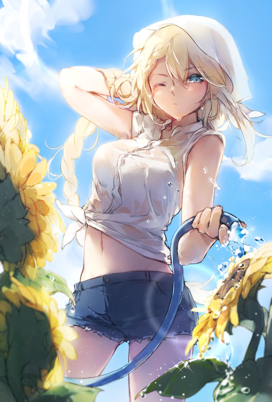 1girl alternate_costume arm_behind_head bangs blonde_hair blue_eyes blush braid breasts closed_mouth cowboy_shot day denim denim_shorts eyebrows_visible_through_hair flower g36_(girls_frontline) girls_frontline hair_between_eyes half-closed_eye highres light_particles long_hair looking_at_viewer medium_breasts midriff navel one_eye_closed outdoors see-through shirt short_shorts short_sleeves shorts shuzi sidelocks solo stomach sunflower sunlight sweat thighs tied_shirt veil very_long_hair watering wet wet_clothes white_shirt