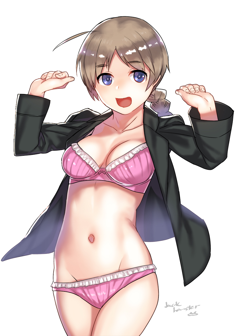 1girl artist_name black_jacket blue_eyes bow bow_panties bra braid breasts brown_hair cleavage clenched_hands collarbone commentary eyebrows_visible_through_hair frilled_bra frilled_panties frills jack_hamster jacket long_hair looking_at_viewer lynette_bishop navel no_pants no_shirt open_clothes open_jacket open_mouth panties signature simple_background single_braid smile solo standing strike_witches underwear w_arms white_background world_witches_series
