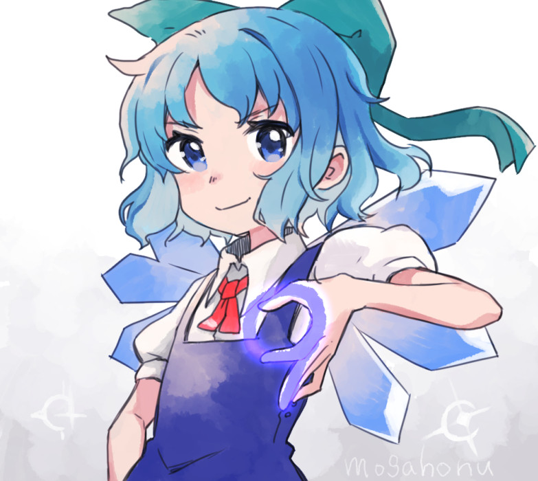 &gt;:) 1girl 9 artist_name blue_eyes blue_hair bow cirno hair_bow hand_gesture ice ice_wings looking_at_viewer mogamiya_honu neck_ribbon number ribbon short_hair solo touhou upper_body wings