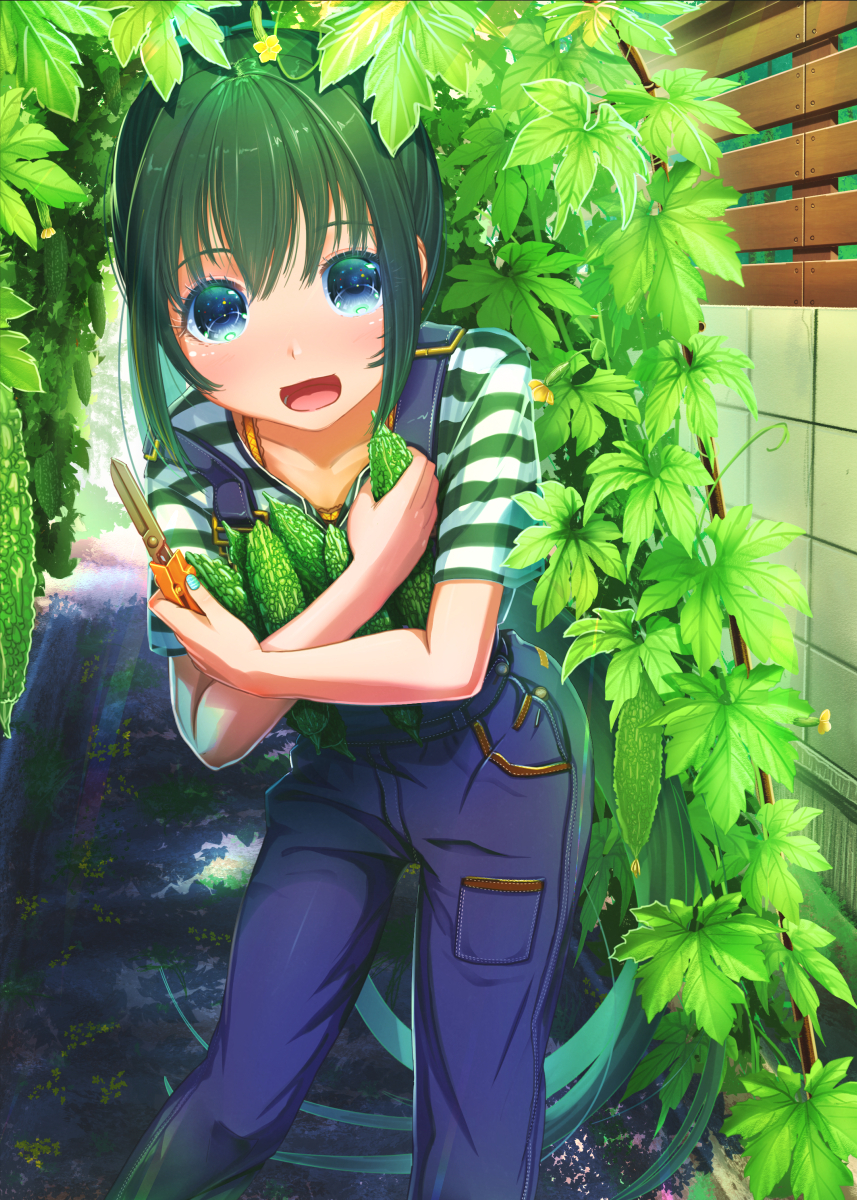 1girl :d abo_(kawatasyunnnosukesabu) bangs bitter_melon blue_eyes blue_nails commentary_request day green_hair highres holding holding_scissors holding_vegetable leaning_forward long_hair long_ponytail looking_at_viewer nail_polish open_mouth original outdoors overalls plant pocket scissors shirt short_sleeves sidelocks smile solo standing striped striped_shirt suspenders suspenders_slip very_long_hair vines