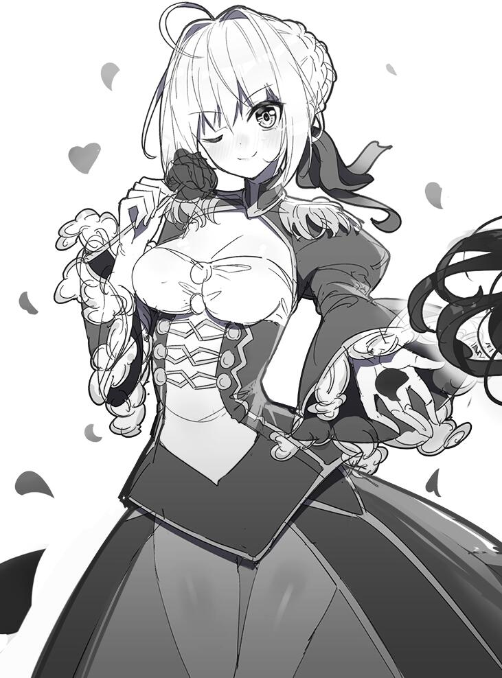 1girl ;) ahoge bangs blush braid breasts cleavage closed_mouth dress eyebrows_visible_through_hair fate/extra fate_(series) flower greyscale hair_between_eyes hair_bun hair_intakes head_tilt holding holding_flower juliet_sleeves large_breasts long_sleeves monochrome nero_claudius_(fate) nero_claudius_(fate)_(all) nose_blush one_eye_closed petals puffy_sleeves ririko_(zhuoyandesailaer) rose rose_petals saber_extra simple_background smile solo thigh_gap white_background