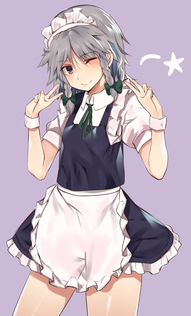 1girl ;) apron asuzemu blue_eyes blue_skirt blue_vest blush bow braid commentary_request cowboy_shot double_v eyebrows_visible_through_hair frilled_apron frills green_bow green_neckwear green_ribbon hair_bow hands_up head_tilt izayoi_sakuya looking_at_viewer maid maid_apron maid_headdress neck_ribbon one_eye_closed petticoat puffy_short_sleeves puffy_sleeves purple_background ribbon short_hair short_sleeves silver_hair simple_background skirt smile solo standing star thighs touhou twin_braids v vest waist_apron white_apron wing_collar wrist_cuffs