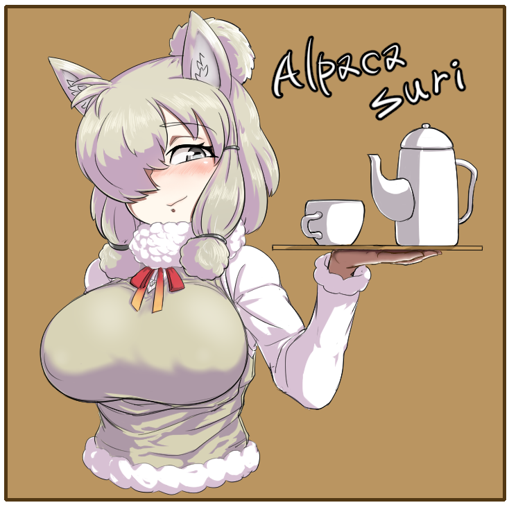 1girl alpaca_ears alpaca_suri_(kemono_friends) animal_ears blonde_hair blush border breasts brown_background character_name closed_mouth cropped_torso cup erect_nipples eyebrows_visible_through_hair fur-trimmed_sleeves fur_collar fur_trim grey_eyes hair_over_one_eye hand_up holding holding_tray horizontal_pupils impossible_clothes kemono_friends large_breasts long_sleeves looking_at_viewer medium_hair neck_ribbon nose_blush parallax05 ribbon shirt simple_background smile solo sweater_vest teapot tray undershirt upper_body white_shirt