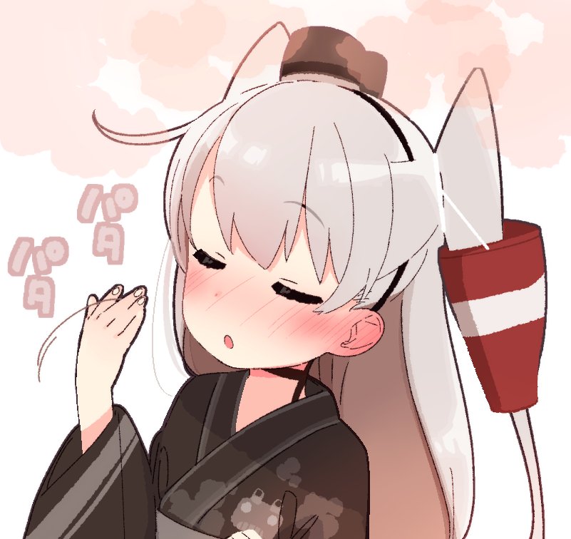 1girl :o alternate_costume amatsukaze_(kantai_collection) blush character_print closed_eyes commentary_request ear_blush eyebrows_visible_through_hair grey_hair hair_tubes japanese_clothes kantai_collection kimono long_hair nose_blush solo two_side_up upper_body white_background yoru_nai yukata