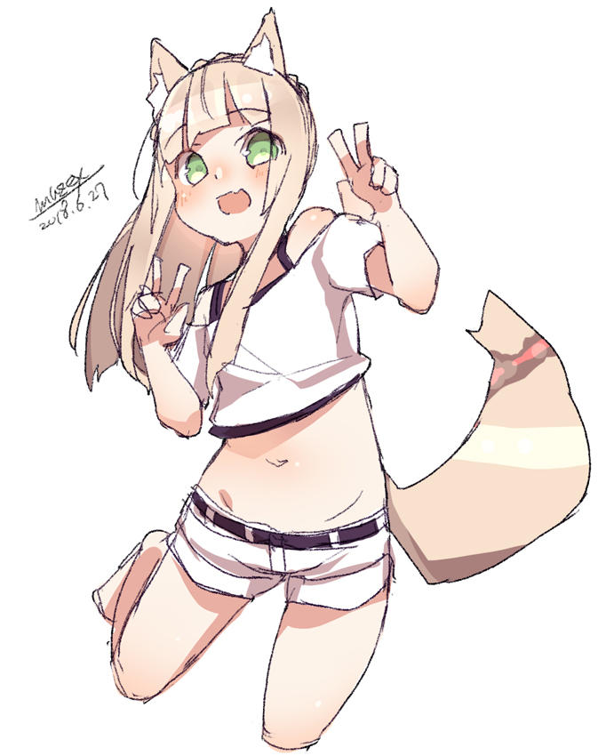 1girl :d animal_ears bangs bare_shoulders black_belt blush cropped_legs dated double_v eyebrows_visible_through_hair fang female fox_ears fox_girl fox_tail green_eyes hands_up light_brown_hair long_hair maze_(gochama_ze_gohan) midriff navel off-shoulder_shirt open_mouth original shirt short_shorts short_sleeves shorts signature simple_background sketch smile solo standing standing_on_one_leg tail tail_raised v white_background white_shirt white_shorts
