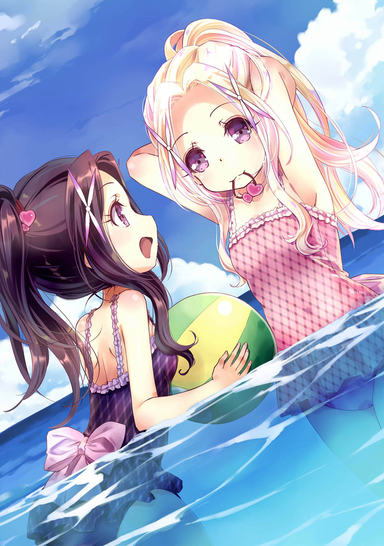 2girls 54hao :d back_bow ball bangs bare_arms bare_shoulders beachball blonde_hair blue_sky blush bow breasts closed_mouth clouds commentary_request day dutch_angle eyebrows_visible_through_hair forehead hair_ornament heart highres holding holding_ball horizon leaning_forward looking_at_another looking_at_viewer medium_breasts mouth_hold multiple_girls ocean open_mouth original outdoors parted_bangs partially_submerged pink_bow pink_swimsuit plaid plaid_swimsuit ponytail profile purple_hair purple_swimsuit shoulder_blades siblings sidelocks sisters sky smile swimsuit twins tying_hair violet_eyes water x_hair_ornament