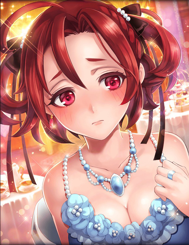 1girl artist_request balmung_(phantom_of_the_kill) blue_dress blush breasts cleavage crystal_earrings cup dress earrings hair_ornament jewelry necklace official_art pastry pearl_necklace phantom_of_the_kill red_eyes redhead ring table teacup teapot