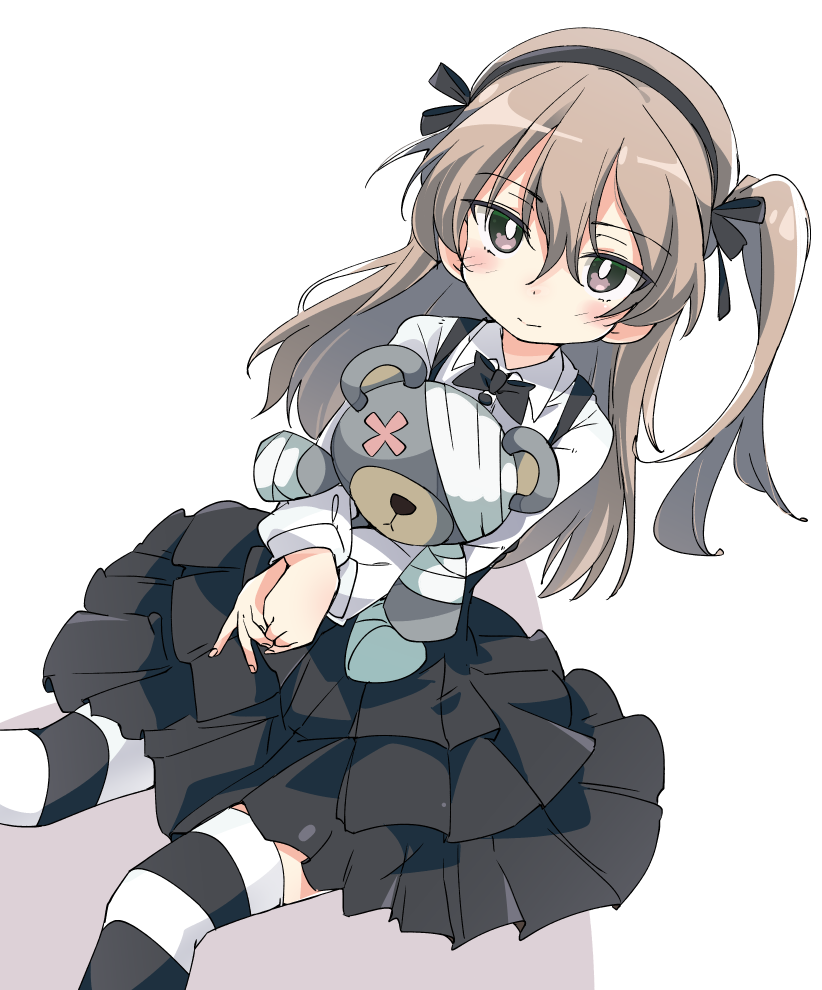 1girl bandage black_neckwear black_ribbon boko_(girls_und_panzer) brown_eyes casual girls_und_panzer holding holding_stuffed_animal horizontal-striped_legwear horizontal_stripes ixy light_brown_hair long_hair ribbon shimada_arisu shirt side_ponytail skirt striped stuffed_animal stuffed_toy suspender_skirt suspenders teddy_bear white_shirt