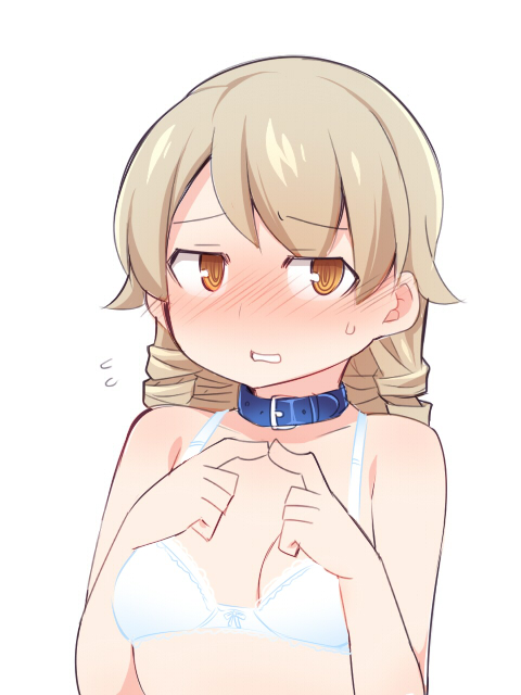 1girl bangs bare_arms bare_shoulders belt_buckle belt_collar blue_collar blush bow bow_bra bra breasts brown_eyes buckle collarbone eyebrows_visible_through_hair fingers_together flying_sweatdrops hands_up idolmaster idolmaster_cinderella_girls light_brown_hair long_hair looking_at_viewer morikubo_nono no_shirt nose_blush simple_background small_breasts solo sweat underwear ushi white_background white_bra