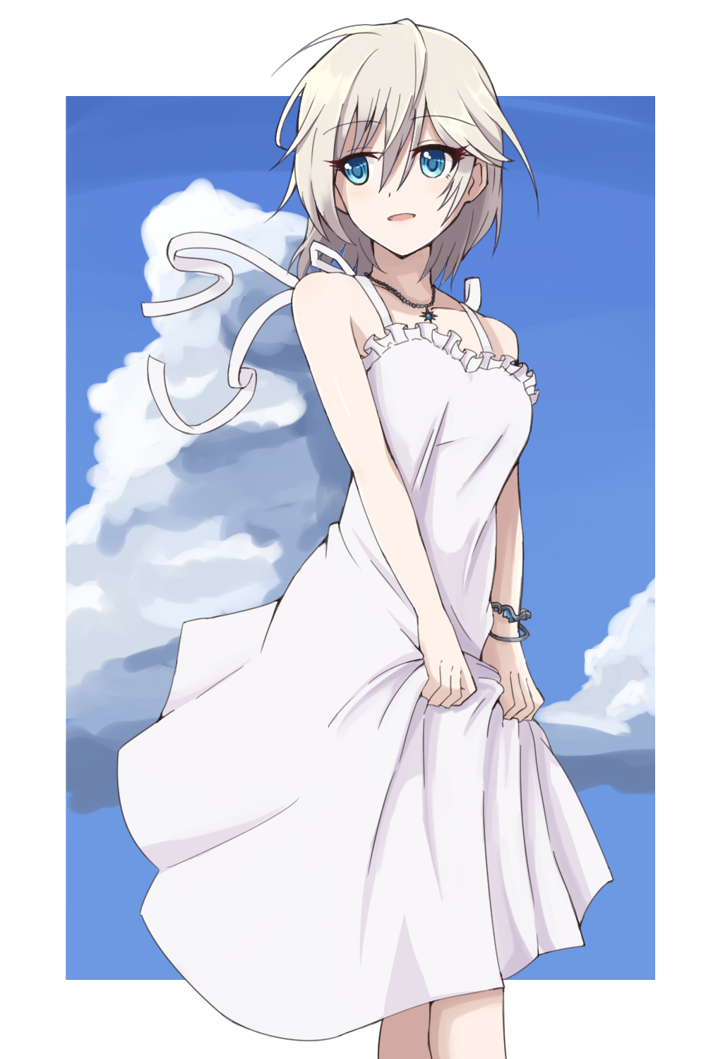 1girl anastasia_(idolmaster) blue_eyes border bracelet clouds commentary_request dress dress_lift grey_hair highres idolmaster idolmaster_cinderella_girls jewelry looking_at_viewer necklace short_hair solo white_border white_dress zyuuyon