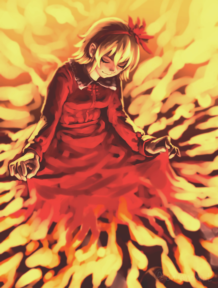 1girl bangs blonde_hair breasts character_request closed_eyes curtsey dress fire gengoroumaru_(ambidextrous) hairband highres long_sleeves red_dress red_hairband short_hair smile solo touhou twitter_username