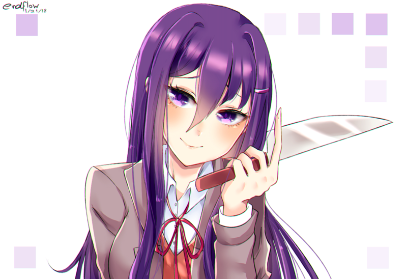 1girl artist_name commentary dated doki_doki_literature_club english_commentary eyebrows_visible_through_hair flow_ech hair_ornament hairclip head_tilt holding holding_knife knife long_hair looking_at_viewer purple_hair school_uniform simple_background smile solo upper_body violet_eyes white_background yuri_(doki_doki_literature_club)