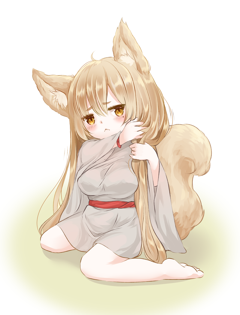 1girl :&lt; akira_b animal_ears bangs barefoot blush breasts brown_eyes closed_mouth commentary_request eyebrows_visible_through_hair fox_ears fox_girl fox_tail grey_kimono hair_between_eyes hair_grab hand_in_hair head_tilt japanese_clothes kimono light_brown_hair long_hair long_sleeves medium_breasts mole mole_under_eye original sitting soles solo tail very_long_hair wariza wide_sleeves