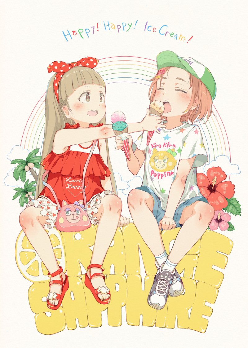2girls :d bag bangs bare_shoulders baseball_cap black_footwear blue_shorts blush brown_eyes brown_hair character_request closed_eyes clothes_writing clouds coconut coconut_tree commentary_request double_scoop english facing_another feeding flower food gomennasai green_hat hair_ornament hair_ribbon hairclip hat heart heart_print holding holding_food ice_cream ice_cream_cone idolmaster idolmaster_cinderella_girls light_brown_hair long_hair looking_at_another looking_to_the_side multiple_girls open_mouth palm_tree pink_flower polka_dot polka_dot_ribbon print_shirt print_shorts puffy_shorts red_flower red_footwear red_ribbon red_shirt ribbon round_teeth ryuuzaki_kaoru sandals shirt shoes short_hair short_shorts short_sleeves shorts shoulder_bag sitting sleeveless sleeveless_shirt smile socks star star_print teeth thick_eyebrows tongue tongue_out tree upper_teeth very_long_hair white_legwear white_shirt white_shorts