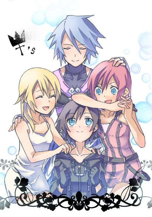 4girls :d ^_^ aqua_(kingdom_hearts) bangs bare_shoulders black_coat black_coat_(kingdom_hearts) black_gloves black_hair blonde_hair blue_eyes blue_hair closed_eyes closed_mouth collarbone covered_collarbone dress eyebrows_visible_through_hair gloves hair_between_eyes hair_over_shoulder hand_on_another's_head interlocked_fingers kairi_(kingdom_hearts) kingdom_hearts kingdom_hearts_358/2_days kingdom_hearts_birth_by_sleep kingdom_hearts_ii multiple_girls namine open_mouth organization_xiii pink_dress redhead short_hair smile white_dress xion_(kingdom_hearts) yonyon zipper zipper_pull_tab