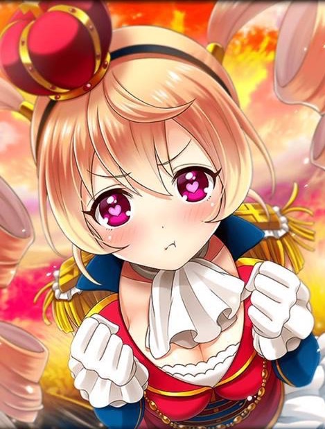 :t artist_request blonde_hair blush breasts cleavage coat crown_hair_ornament drill_hair epaulettes gloves heart heart-shaped_pupils labrys_(phantom_of_the_kill) neckerchief official_art phantom_of_the_kill pink_eyes pout red_coat skirt symbol-shaped_pupils twin_drills twintails white_gloves white_skirt