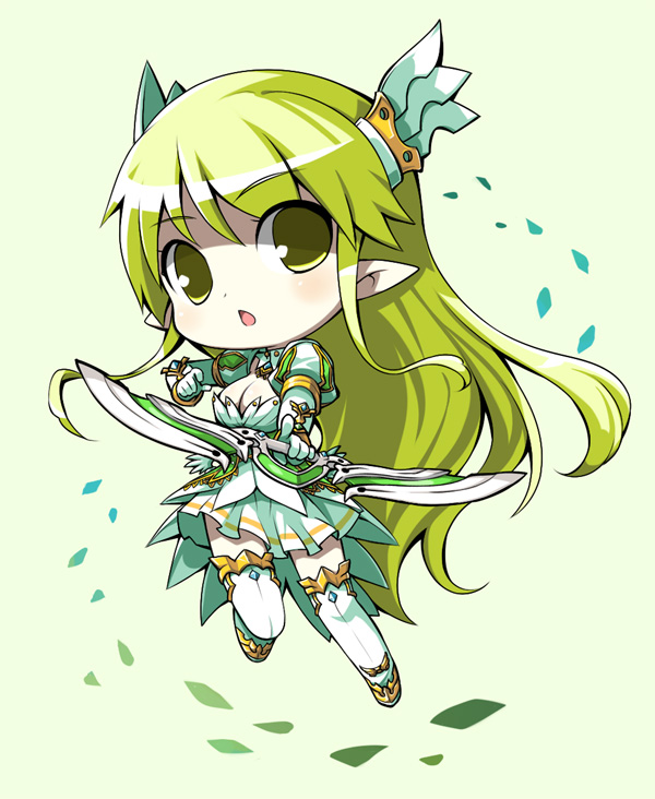 1girl chibi elf elsword grand_archer_(elsword) hair_ornament leaf long_hair looking_at_viewer open_mouth pointy_ears rena_(elsword) sakumo_(karatama) solo tagme white_background